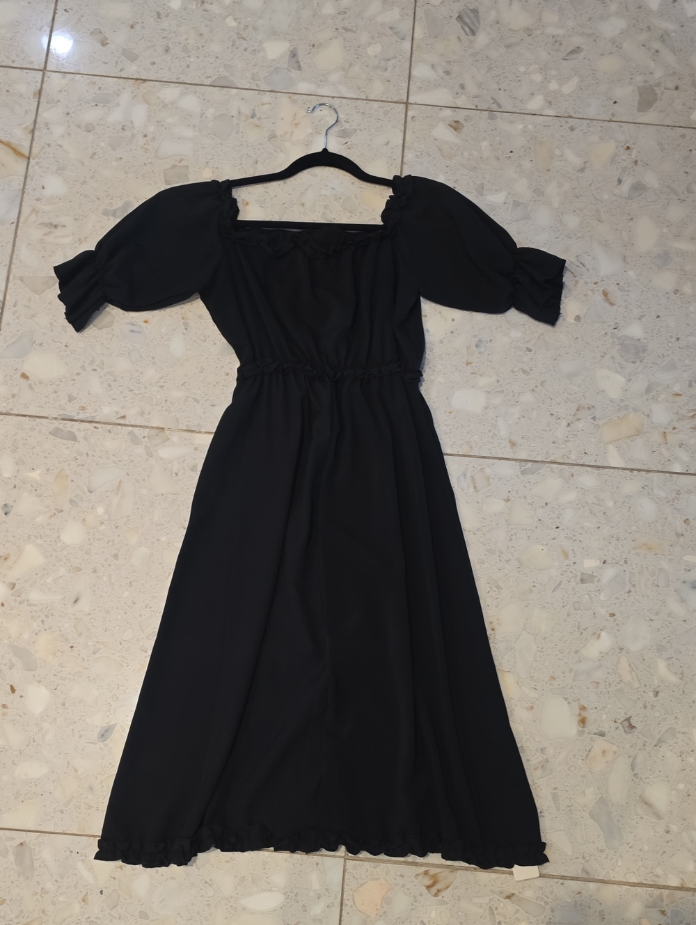 Black Puff-Sleeve Midi Dress with Elastic Waist